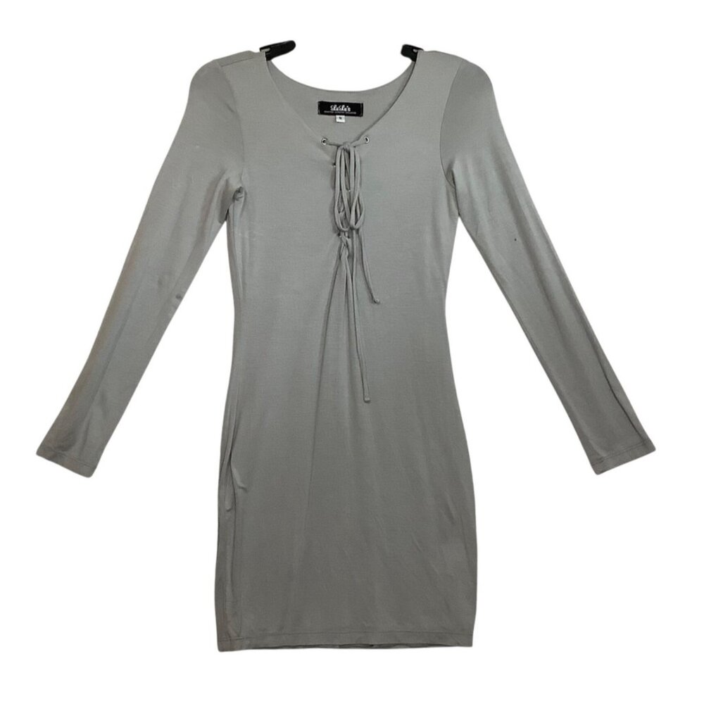 Lulu's Gray Long Sleeve Mini Bodycon Dress Women Small Front Tie Up‎ Stretch